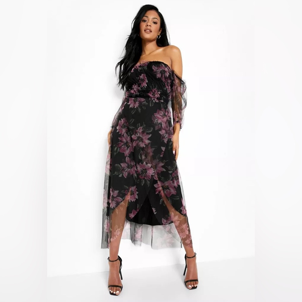 NEW BooHoo Floral Mesh Ruched Midi Dress